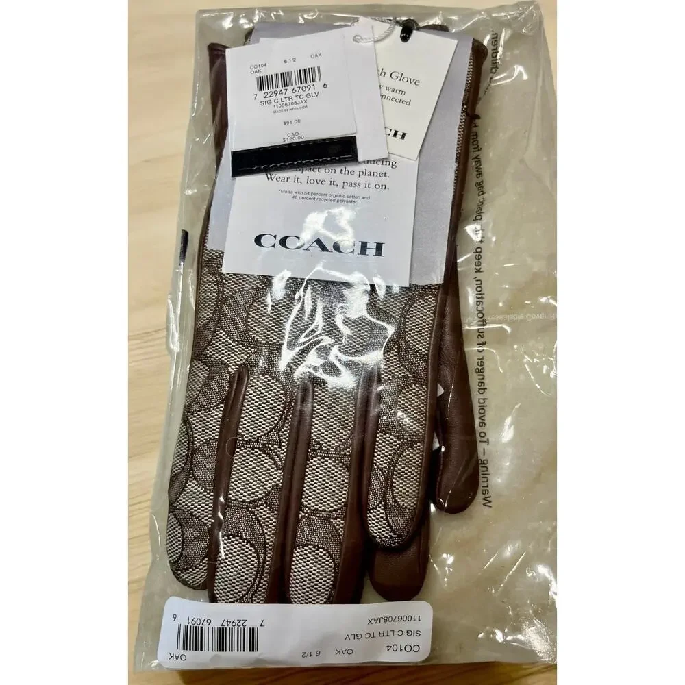 New With Tags Coach CO104 Signature Jacquard and Leather Tech Gloves Size - 6 ½